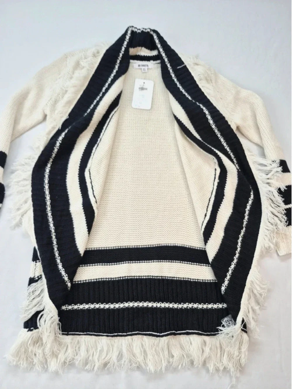BB Dakota Oversize Ivory Black Stripe Knit Open Front Fringe Cardigan Women's XS
